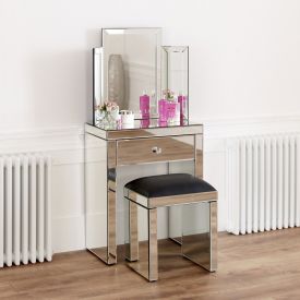 Venetian Mirrored Compact Dressing Table with Mirror and Black Stool