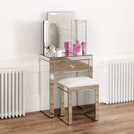 Venetian Mirrored Compact Dressing Table with Mirror and White Stool