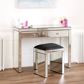 Venetian Mirrored 2 Drawer Dressing Table with Mirrored Black Stool