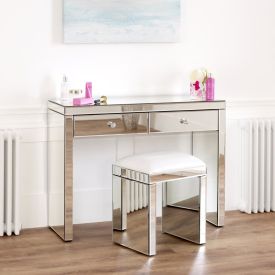 Venetian Mirrored 2 Drawer Dressing Table with Mirrored White Stool