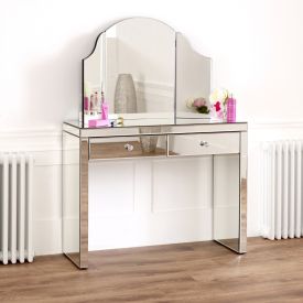 Venetian Mirrored 2 Drawer Dressing Table + Tri-Sided Vanity Mirror Set