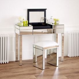 Venetian Mirrored Compartment Dressing Table Set with White Stool