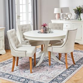 Wilmslow White Round Dining Table with 4 Natural Fabric Scoop Chairs