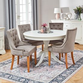 Wilmslow White Round Dining Table with 4 Storm Grey Velvet Chairs
