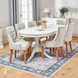 Wilmslow White Oval Dining Table with 6 Natural Fabric Scoop Chair Set