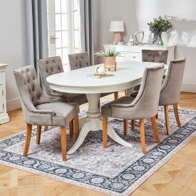 Wilmslow White Oval Dining Table with 6 Storm Grey Velvet Scoop Chairs
