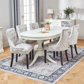 Wilmslow White Oval Dining Table with 6 Silver Crushed Velvet Chairs