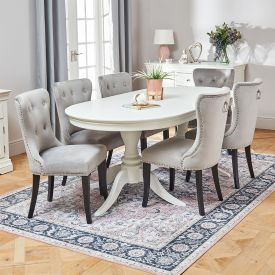 Wilmslow White Oval Dining Table with 6 Tiffany Grey Velvet Chair Set