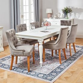 Wilmslow White Rectangle Dining Table with 6 Storm Grey Velvet Chairs