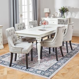 Wilmslow White Rectangle Dining Table with 6 Light Grey Velvet Chairs