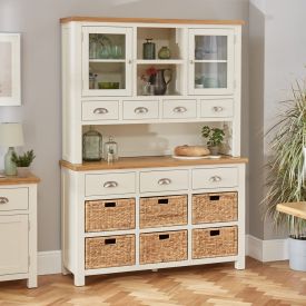 Cotswold Cream Painted Oak Large Glazed Dresser with Baskets