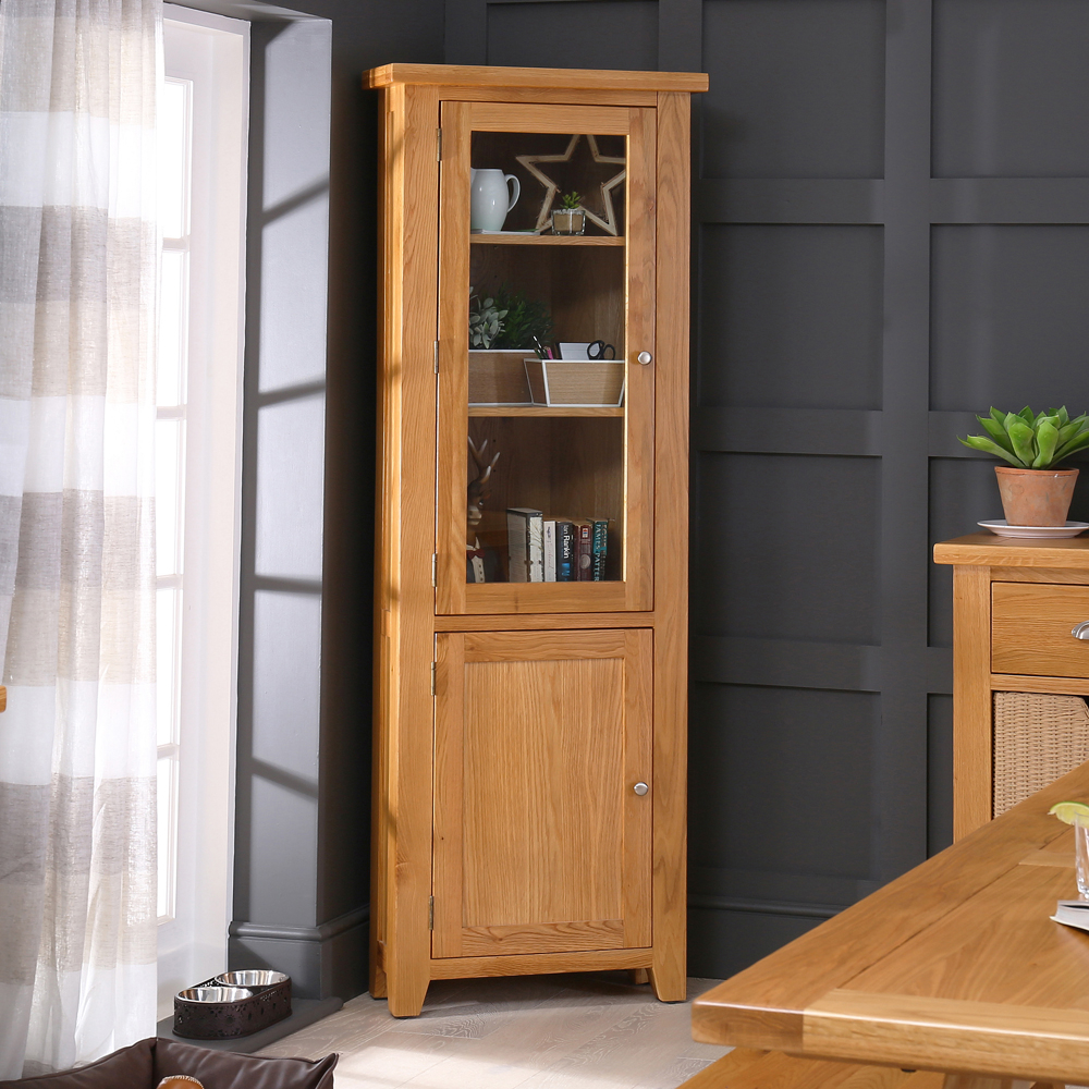 Tall corner unit for hallway clearance
