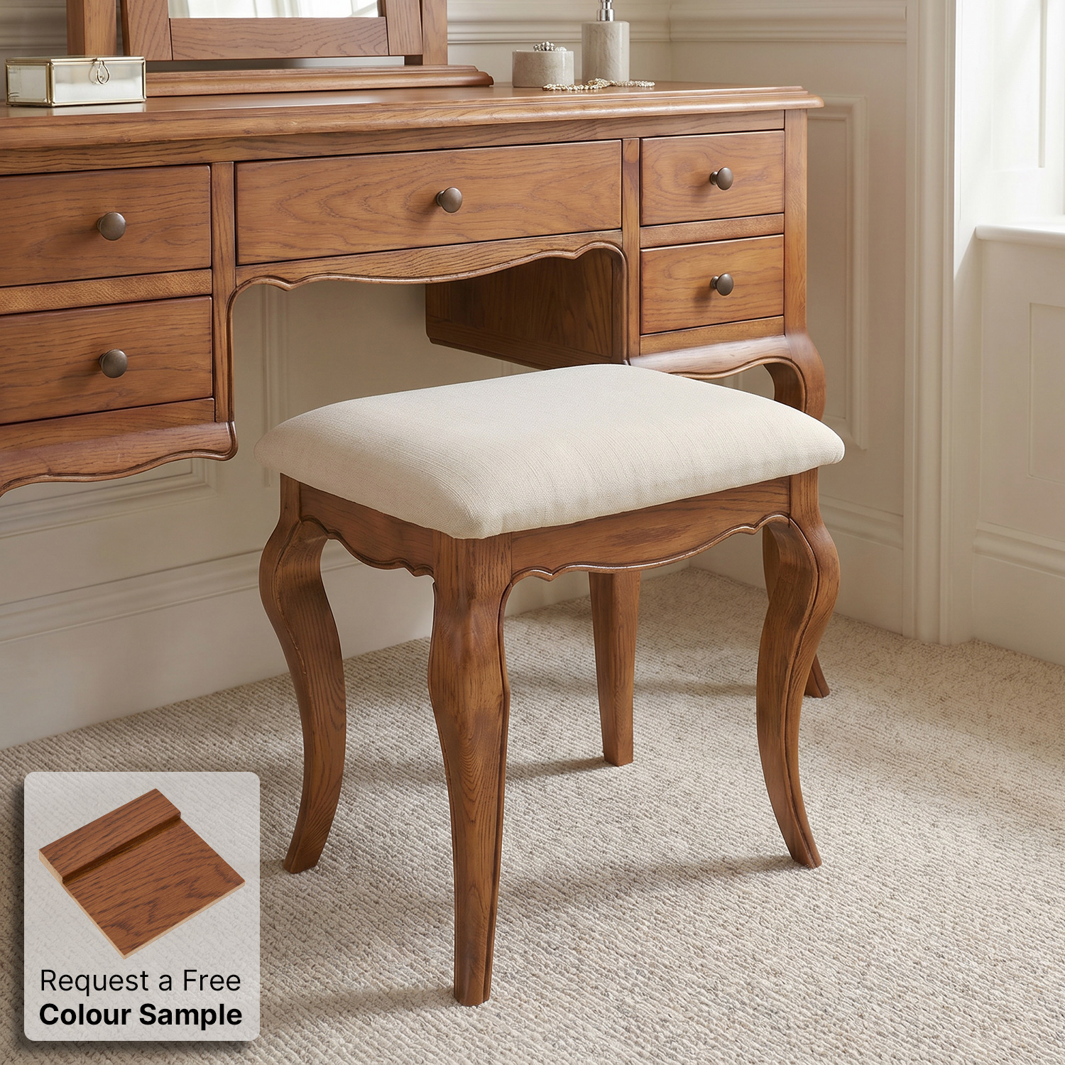 French Chateau Dark Oak Dressing Table Stool with Natural Linen Fabric Seat  | The Furniture Market