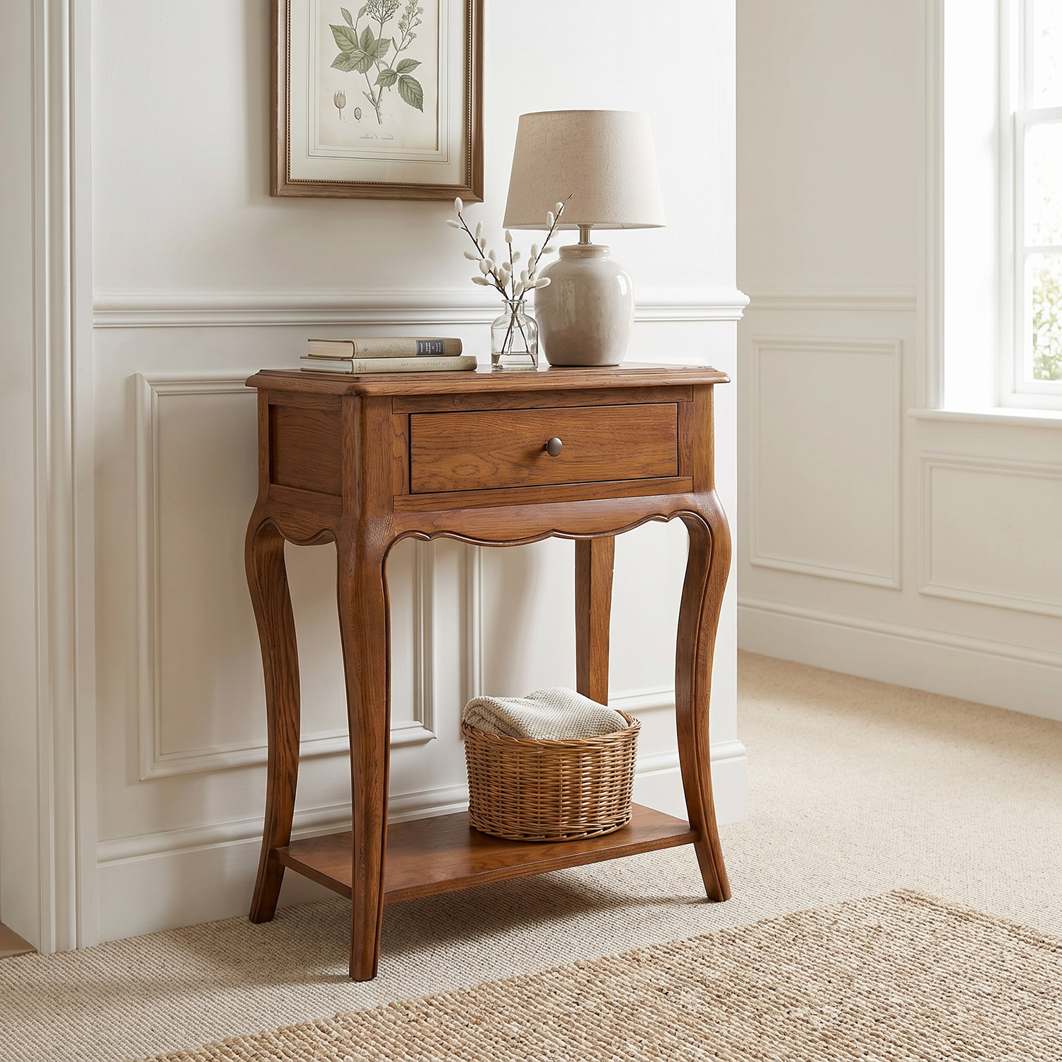 French Chateau Dark Oak Small Console Table with 1 Drawer | The