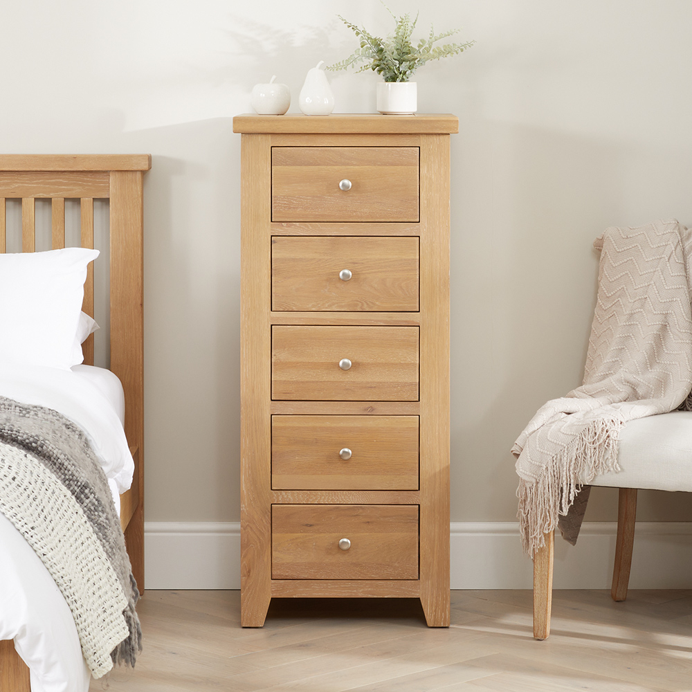 Cheshire Weathered Limed Oak 5 Drawer Tallboy Chest The Furniture Market