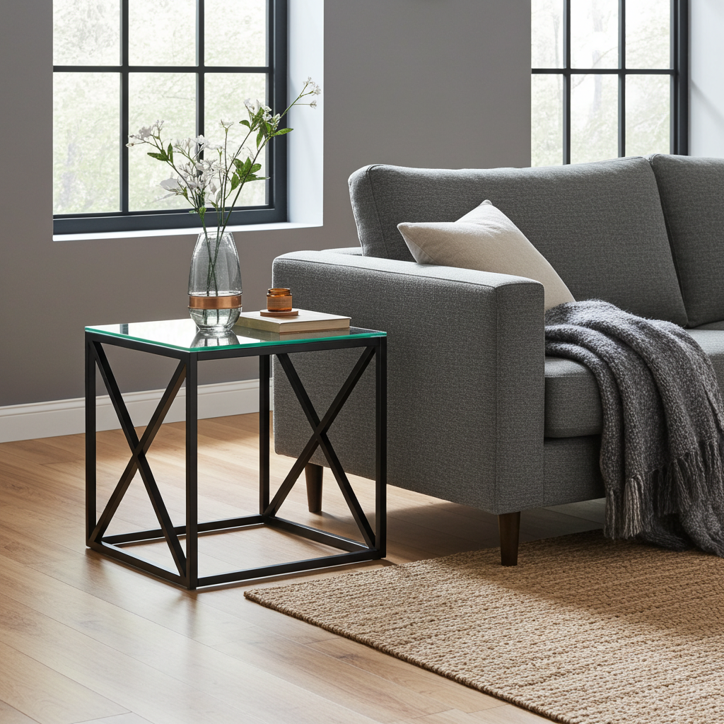 Monza Glass Side Lamp Table with Black Cross Frame | The Furniture