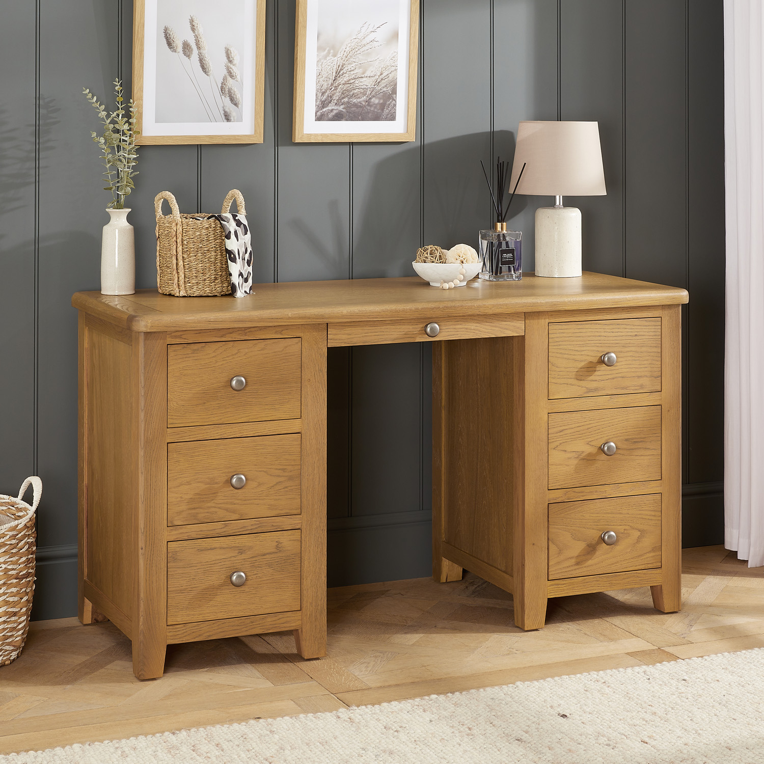 Cotswold Rustic Smoked Oak Large Twin Pedestal Desk