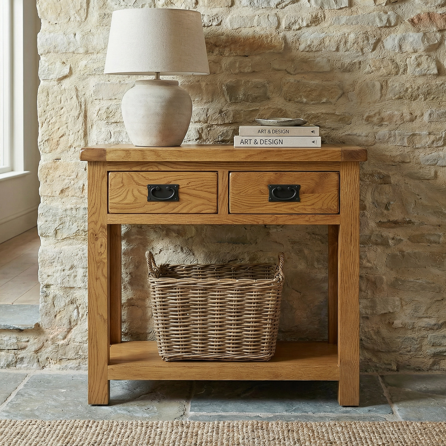 Rustic Oak 2 Drawer Hall Table | The Furniture Market