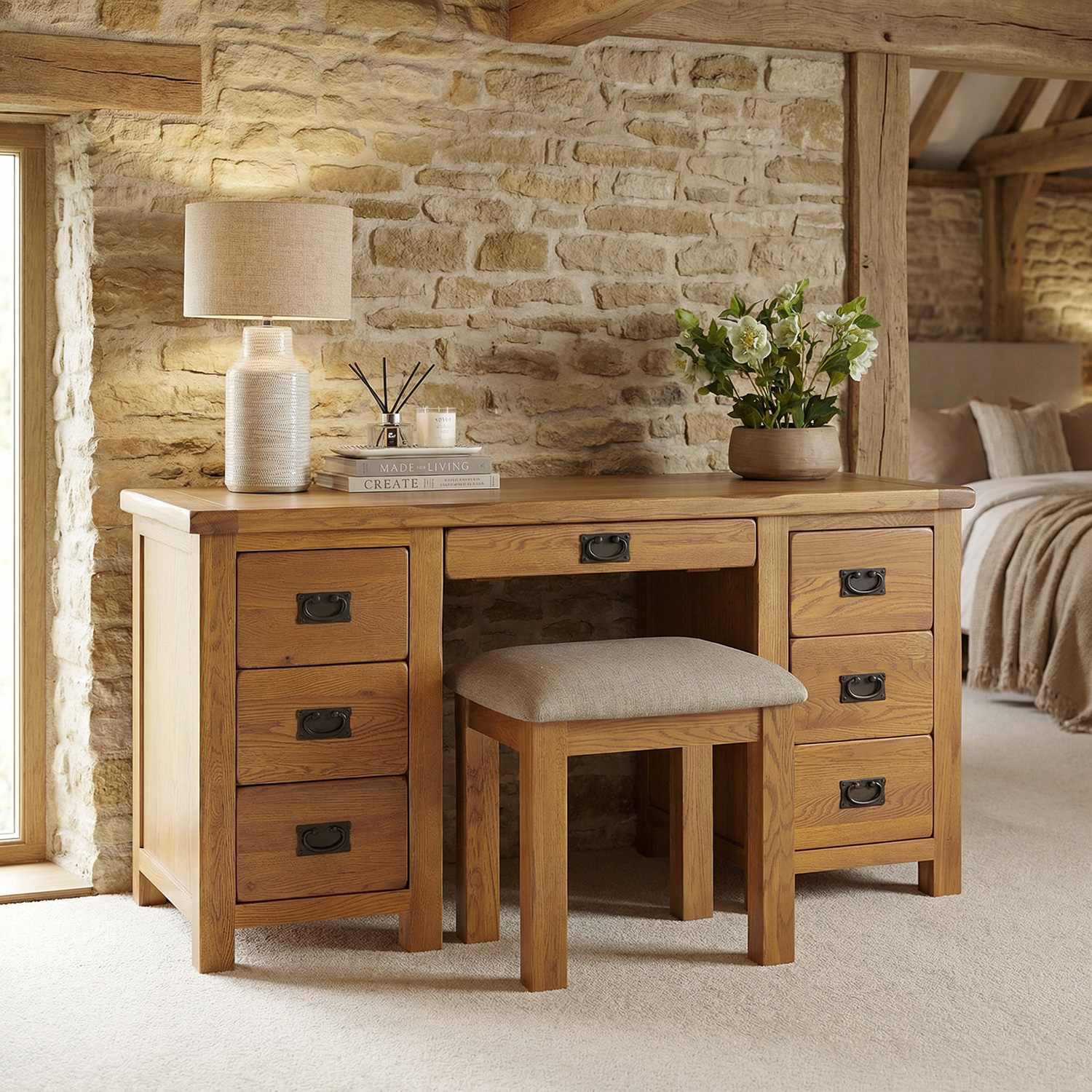 double dressing table design Rustic Oak Double Pedestal Dressing Table and Stool Set