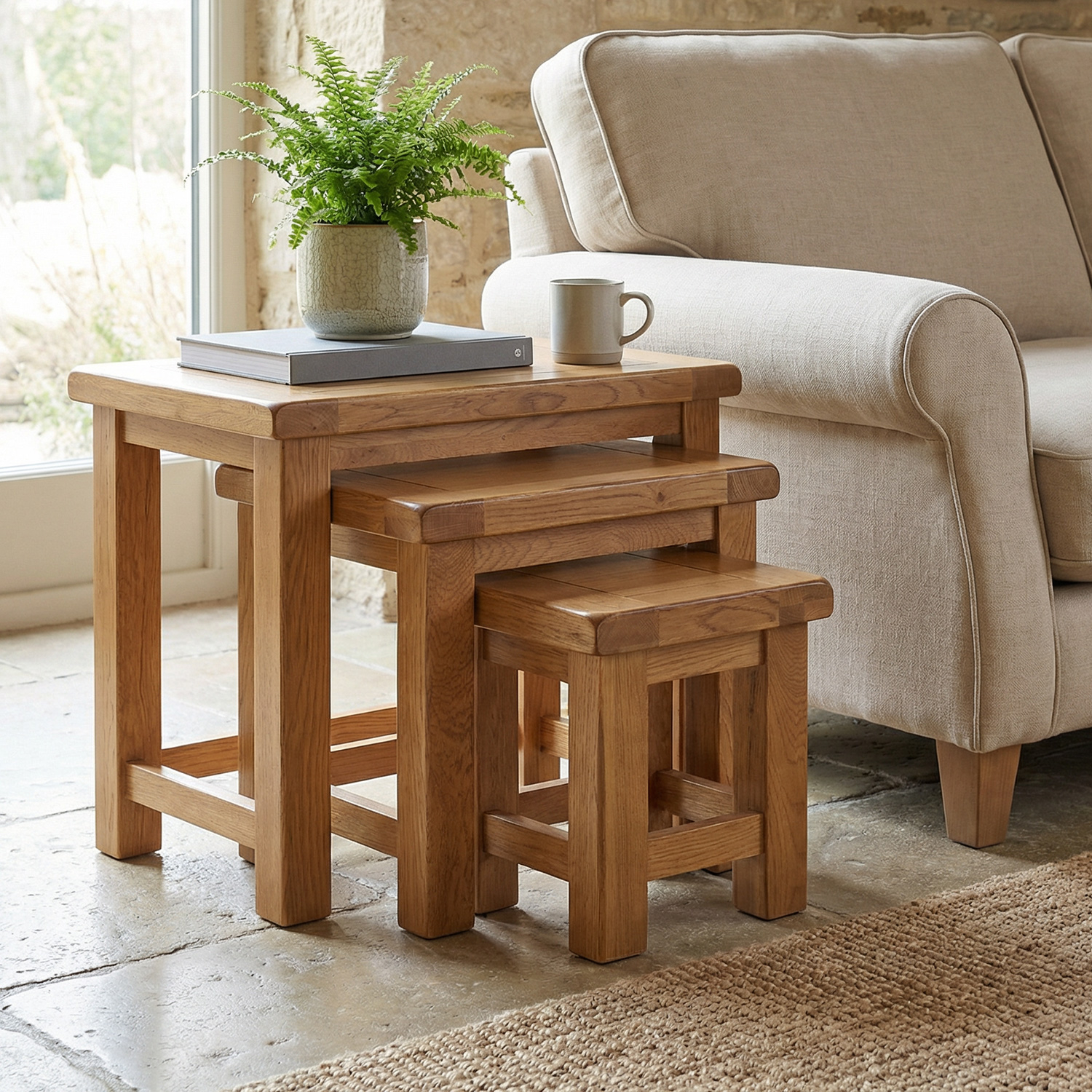 Rustic Oak Large Nest of Tables | The Furniture Market