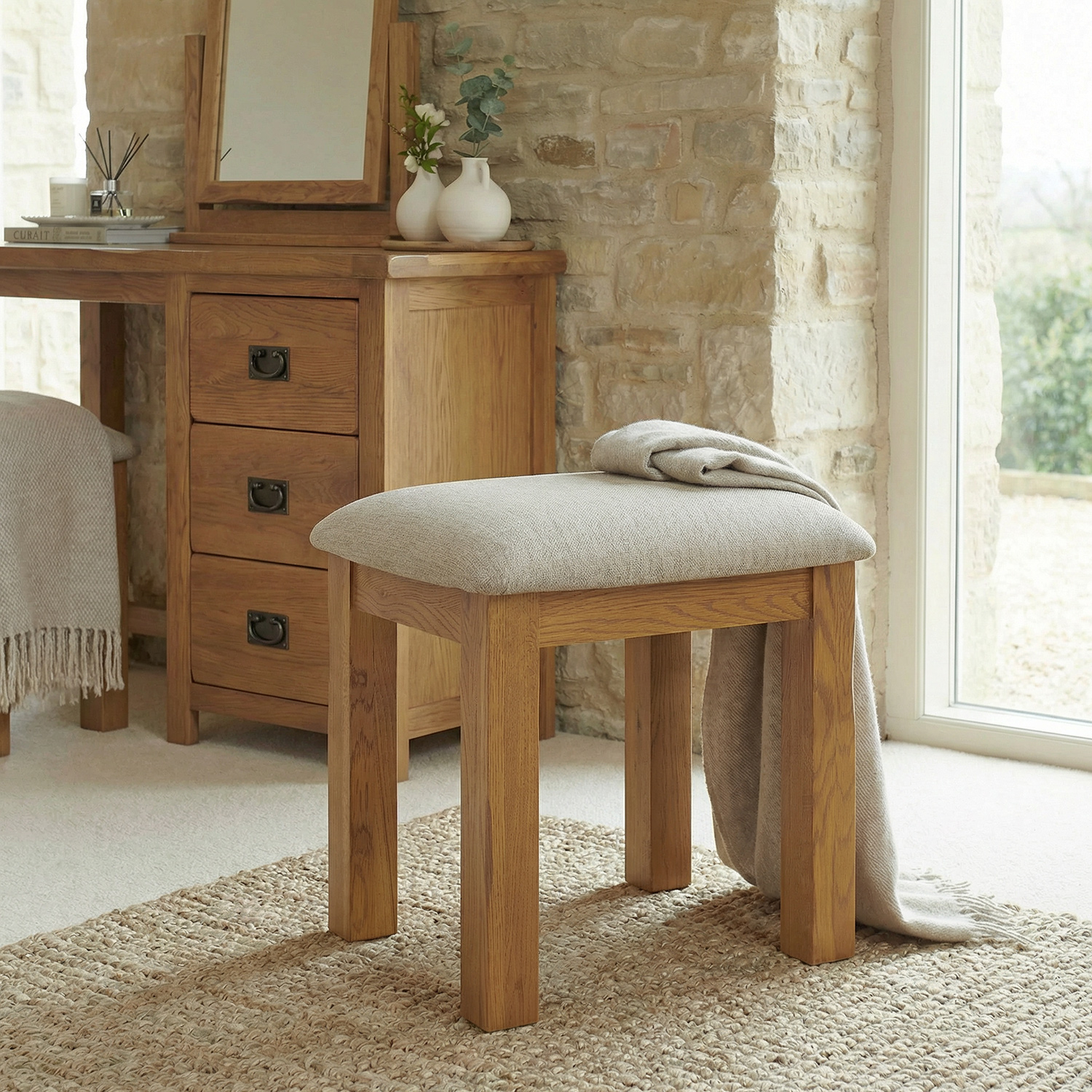 Rustic Oak Dressing Table Stool | The Furniture Market