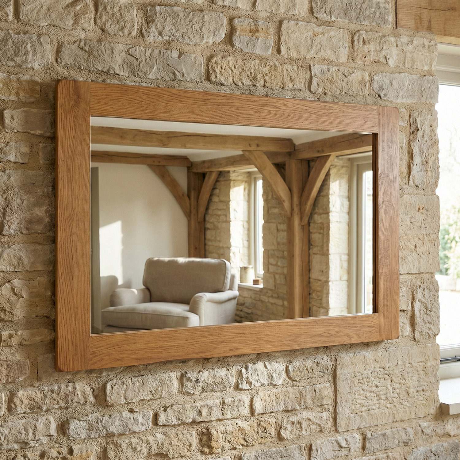 【新品未使用】WALL MIRROR RO-011〈OAK〉SAC WORKS Rustic Oak Medium Wall Mirror - 90cm x 60cm | The Furniture Market
