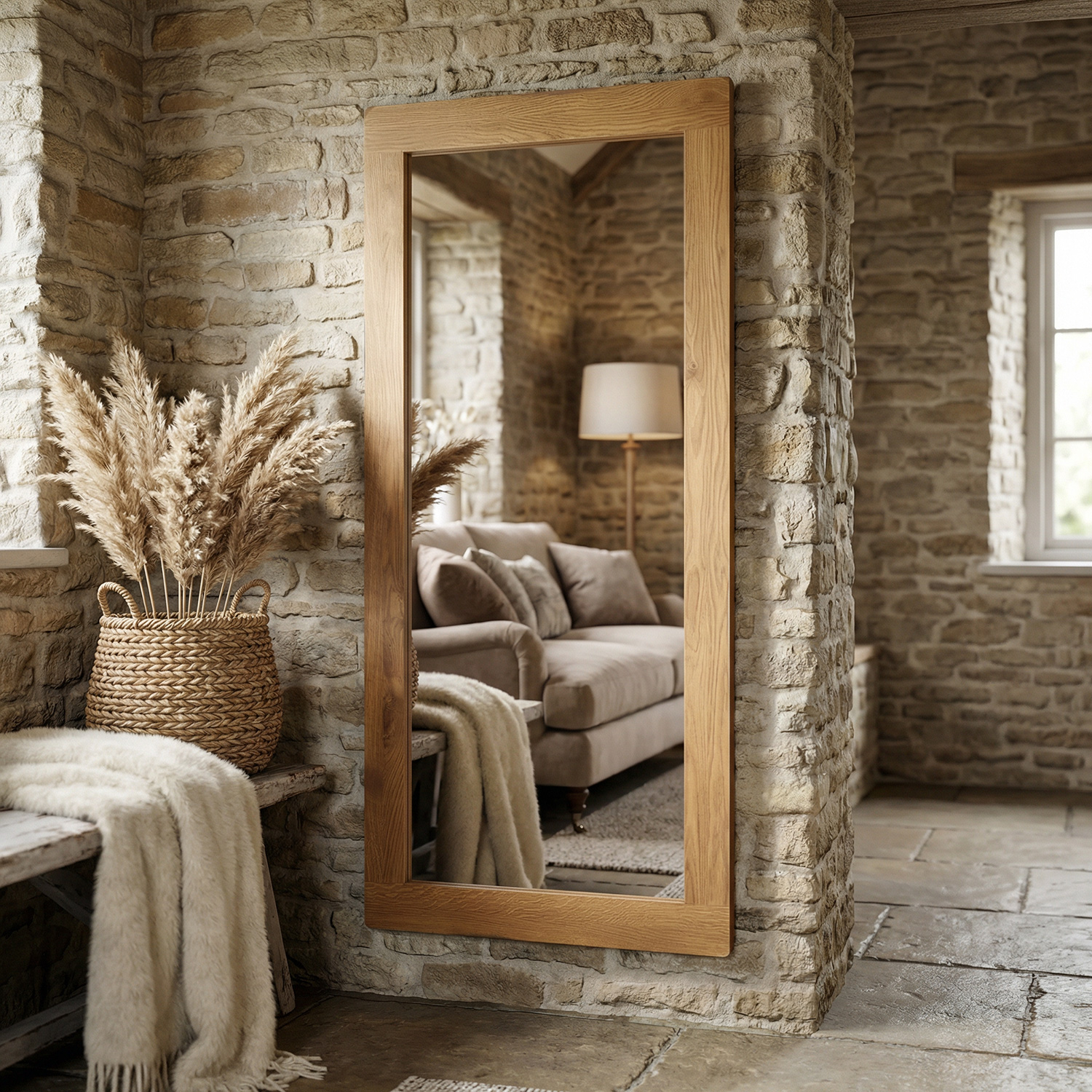 【新品未使用】WALL MIRROR RO-011〈OAK〉SAC WORKS Rustic Oak Large Wall Mirror - 120cm x 60cm | The Furniture Market